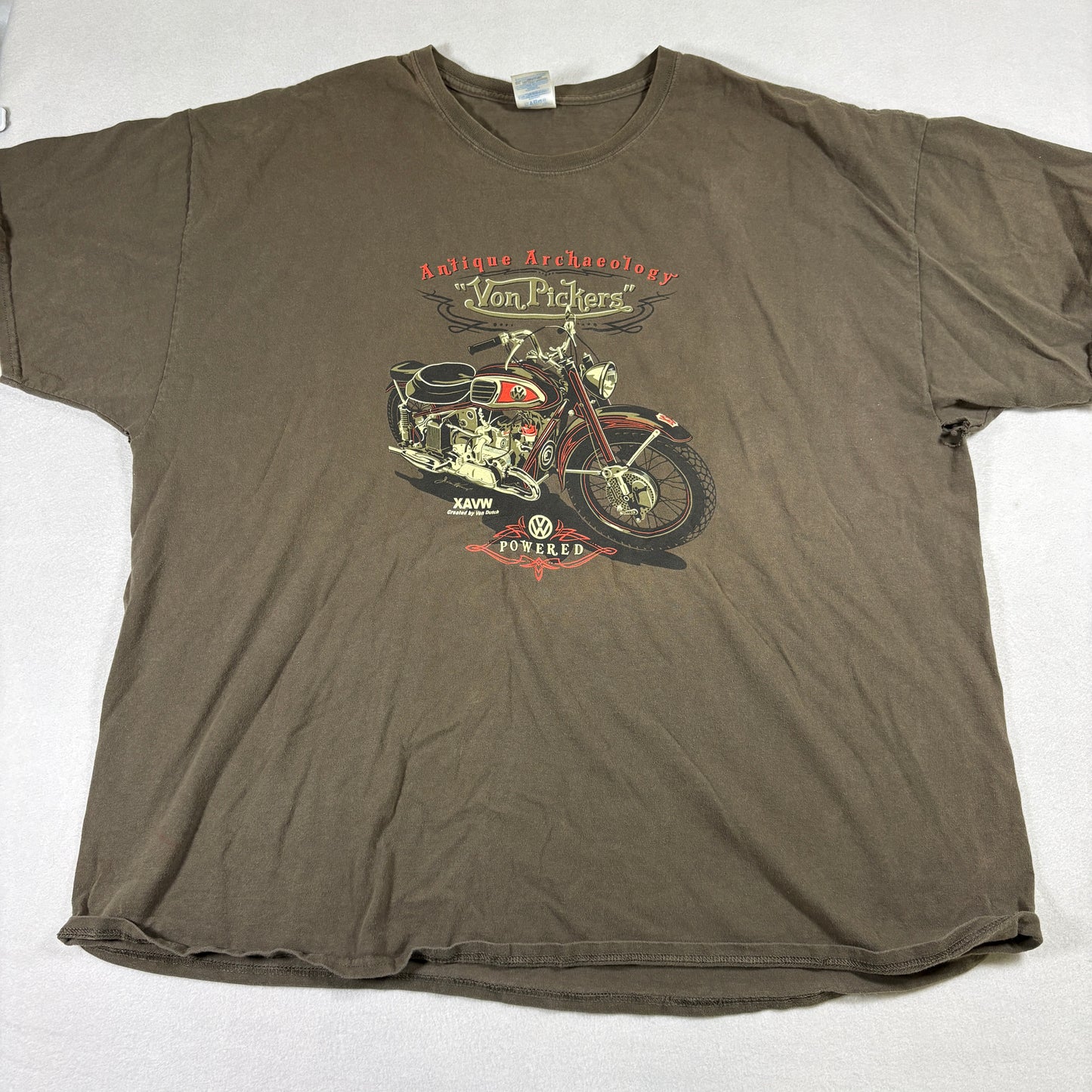 Gildan 3XL Brown Graphic T Shirt Von Pickers Motorcycle Vintage Grunge Tee