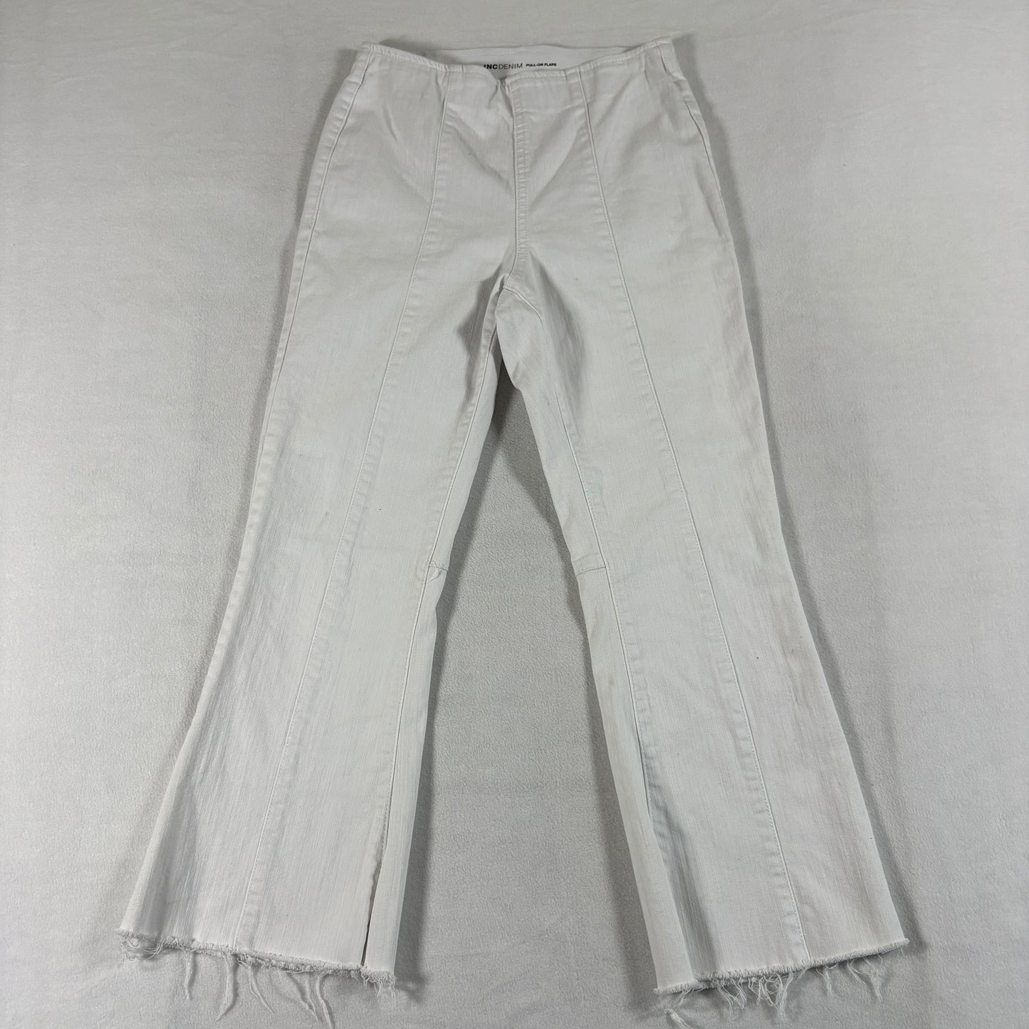 INC Denim Pull On Flare Jeans Womens 4/27 White Raw Hem Stretch Boho