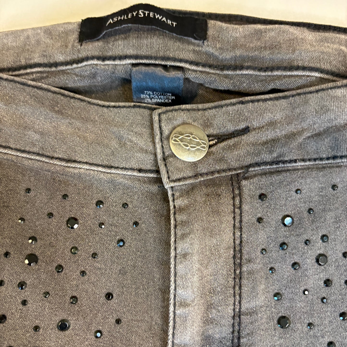 Ashley Stewart Women’s 14 Skinny Jeans Gray Rhinestone Embellished Stretch Denim