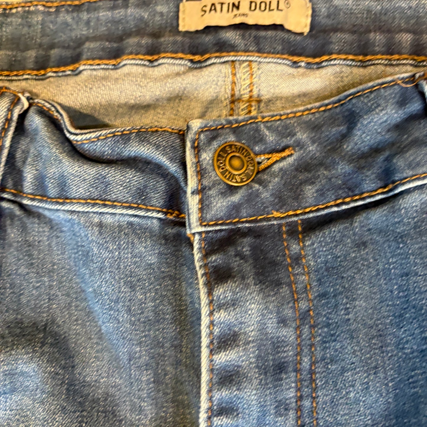 Women’s Size 22 Blue Jeans Rhinestone Studded Pockets Baggy Bootcut Frayed Hem