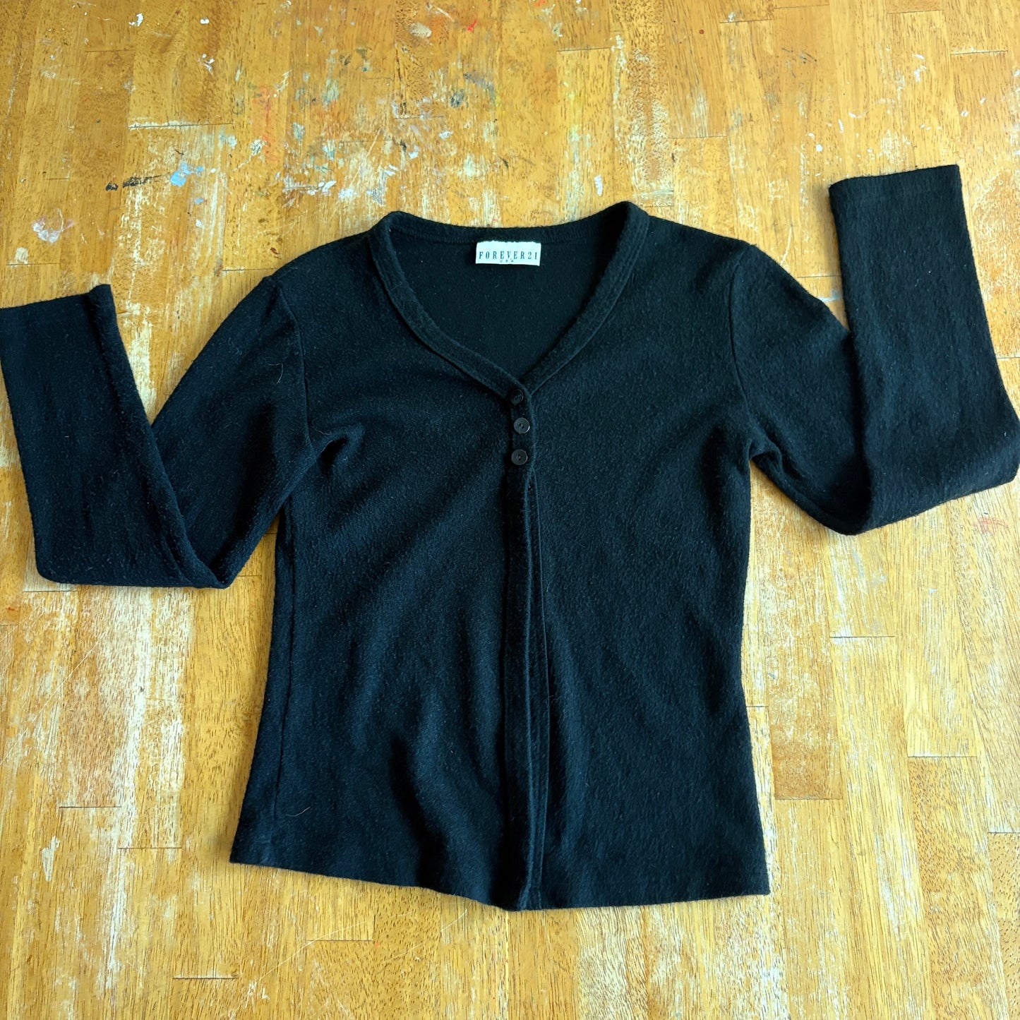 Forever 21 Black Knit Top S V Neck Button Front Fitted Y2K Soft Stretch Sweater