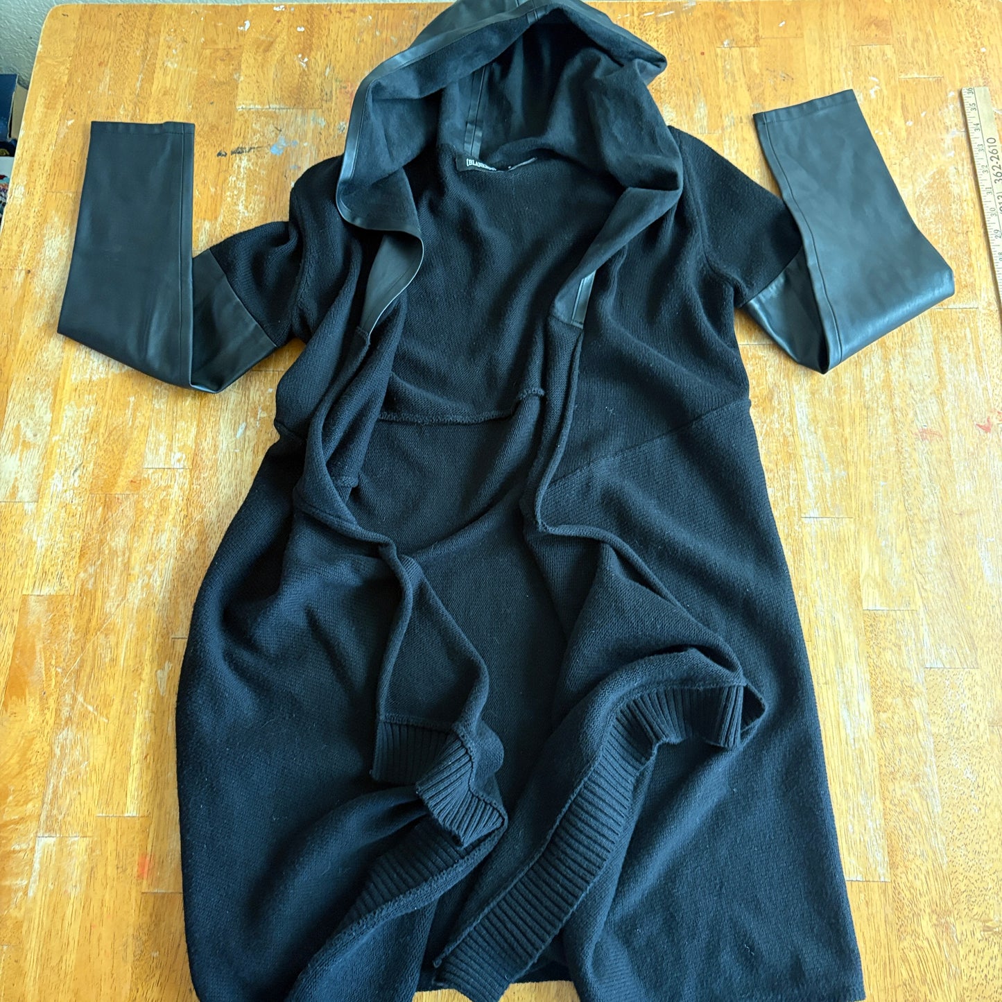 BlankNYC Hooded Sweater Coat Faux Leather Sleeve Black Women Sz S Long Cardigan