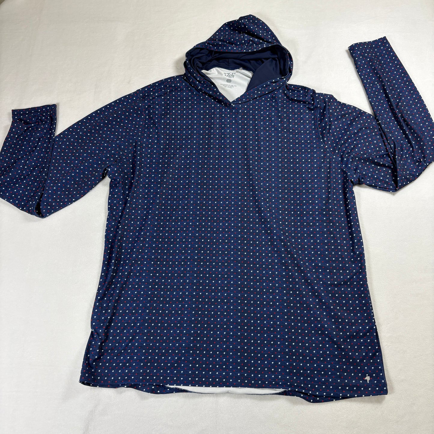 1764 Hoodie Mens L Navy Micro Print Streetwear Pullover Lightweight Top Soft Fit