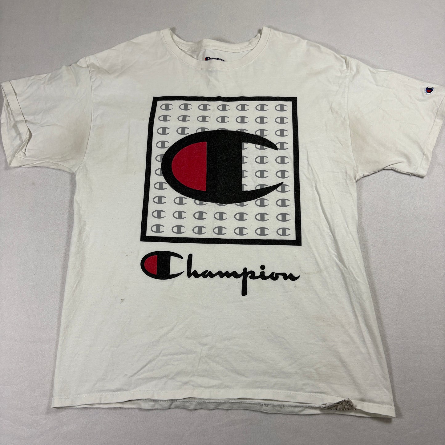 Champion T Shirt Mens Large White Big Logo Graphic Tee Athletic Streetwear