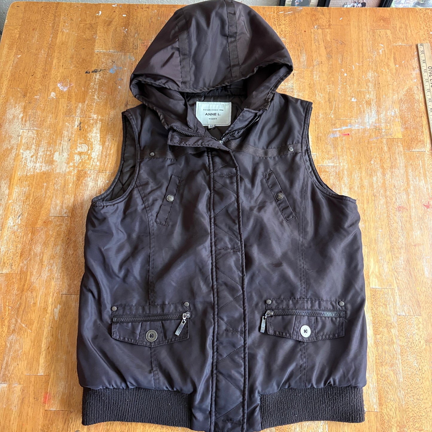 Anne L Hooded Puffer Vest Women 44 Brown Quilted Zip Utility Winter Jacket Coat