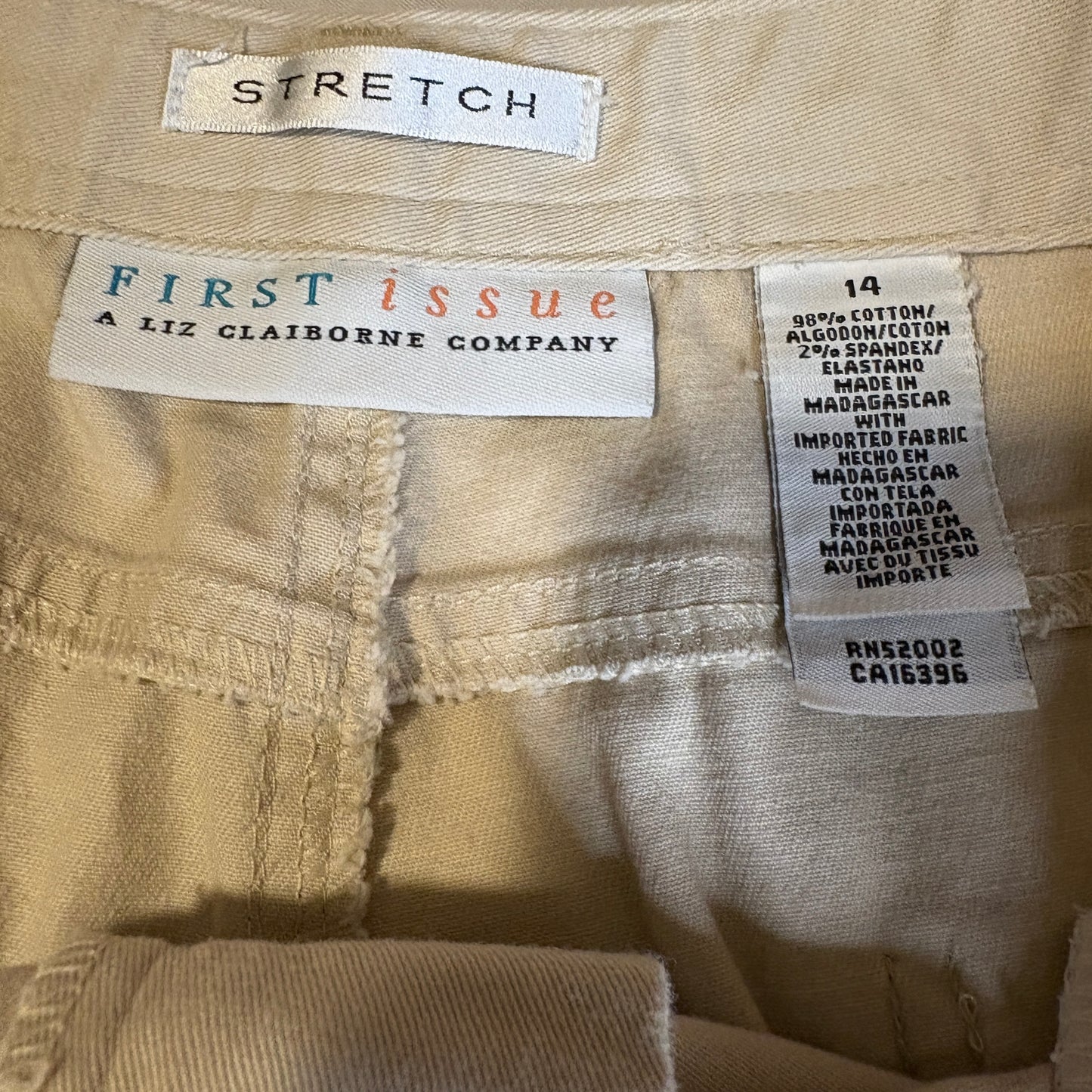 Baggy First Issue Liz Claiborne Khaki Pants Womens 14 Beige Stretch Wide Leg Casual
