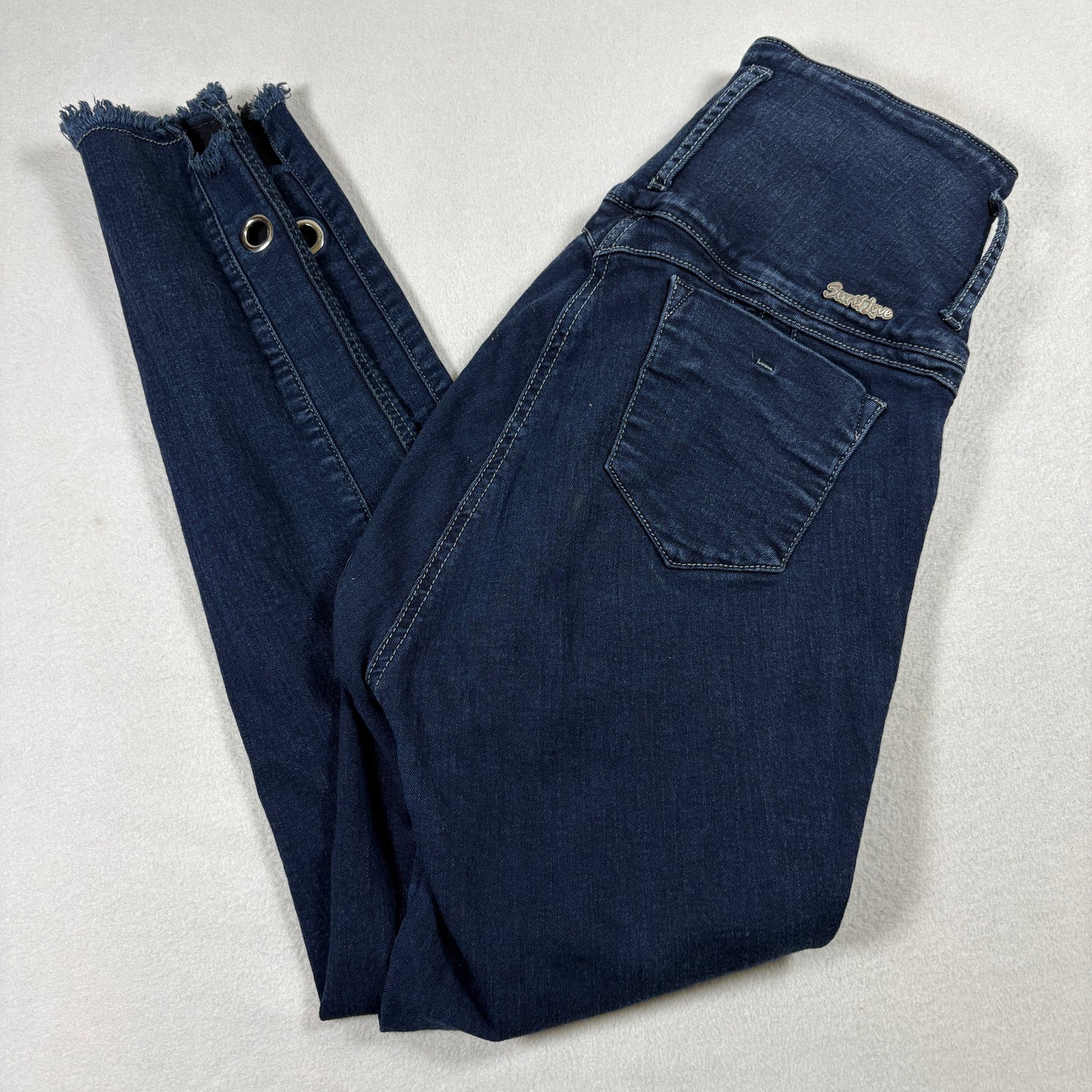 Secret Love Jeans Womens 14 High Rise Skinny Denim Grommet Side Frayed Hem Y2K