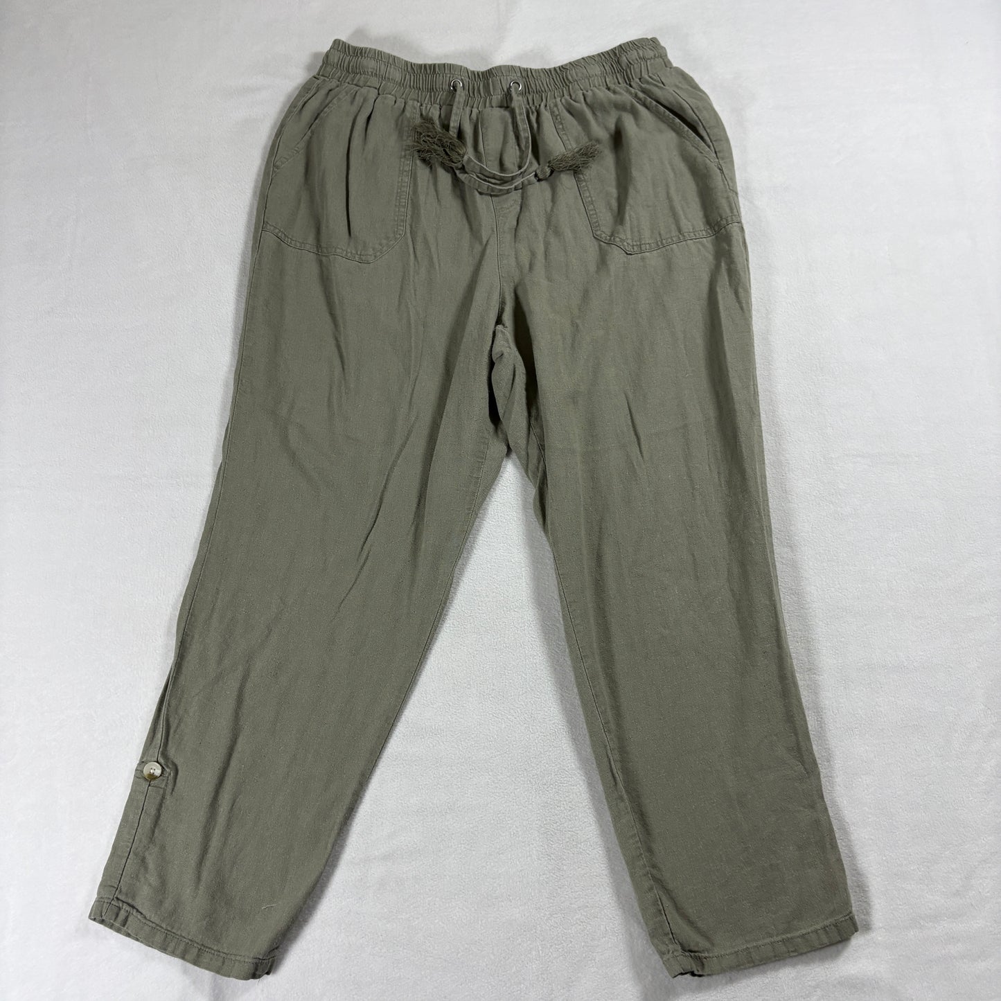 SoundStyle Womens L Olive Green Linen Blend Drawstring Pants Casual