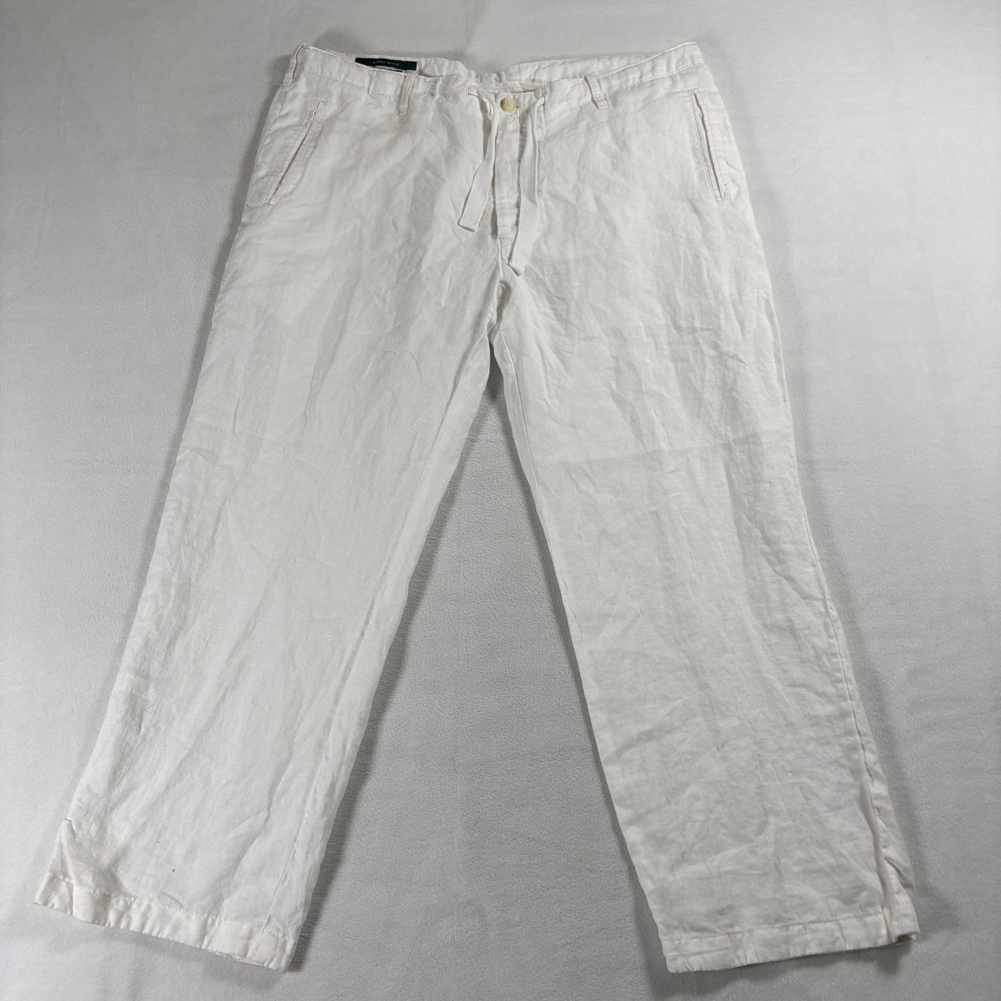 Perry Ellis Mens 36 White 100% Linen Drawstring Pants Casual Summer 38x26