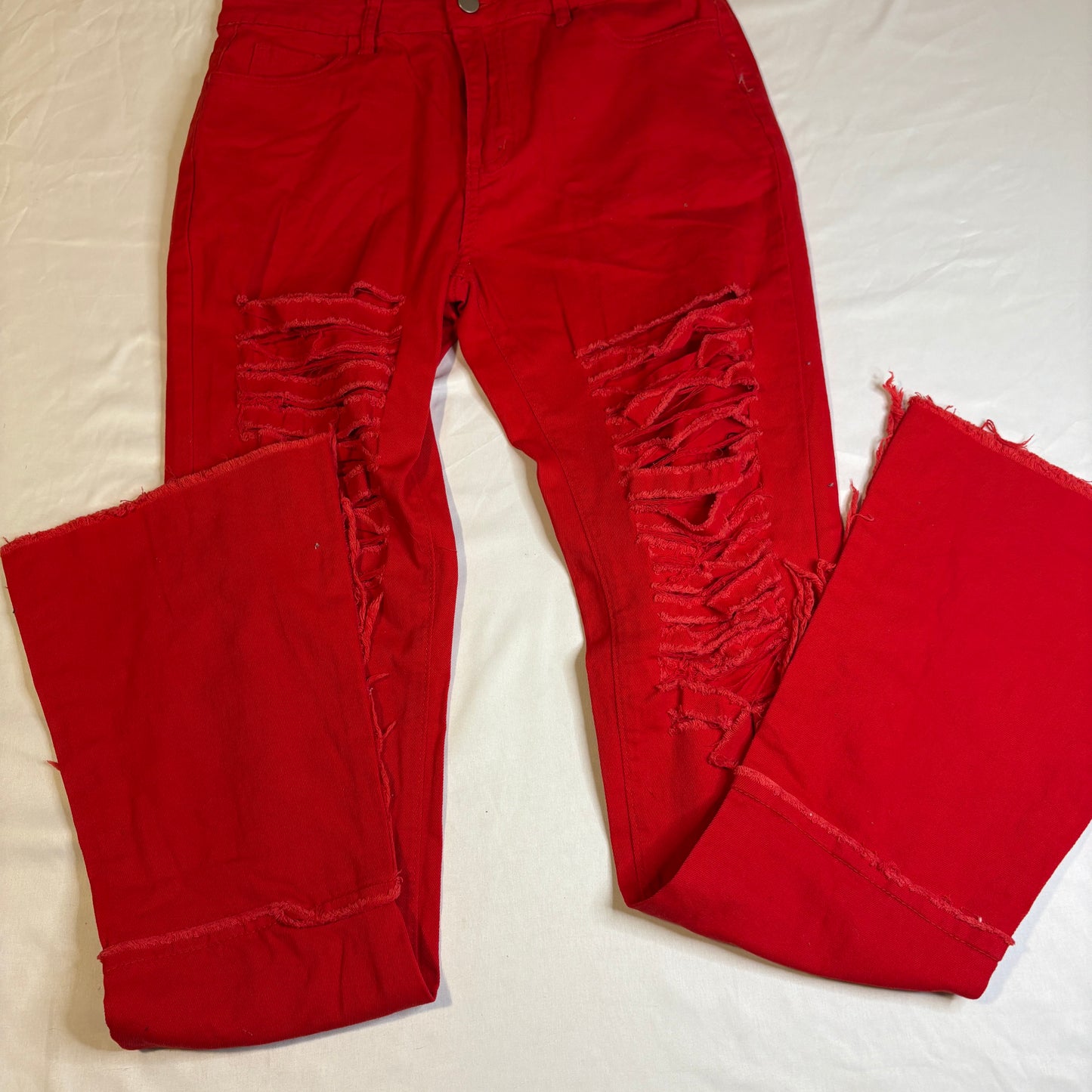 Women’s Red Distressed Ripped Jeans Size L Baggy Streetwear Frayed Hem Punk