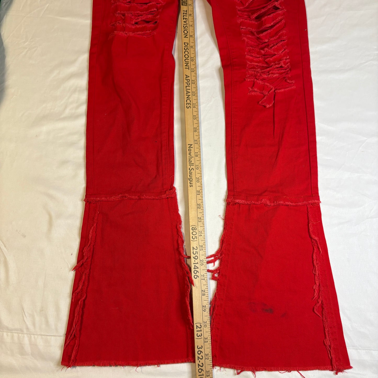Women’s Red Distressed Ripped Jeans Size L Baggy Streetwear Frayed Hem Punk