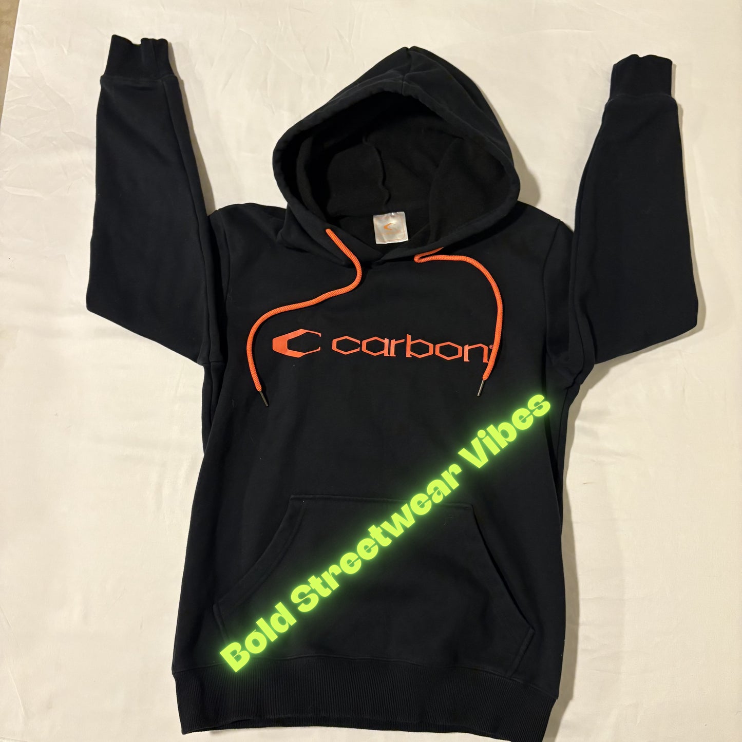 Carbon Hoodie Small Black Pullover Orange Logo Drawstring Kangaroo Pocket