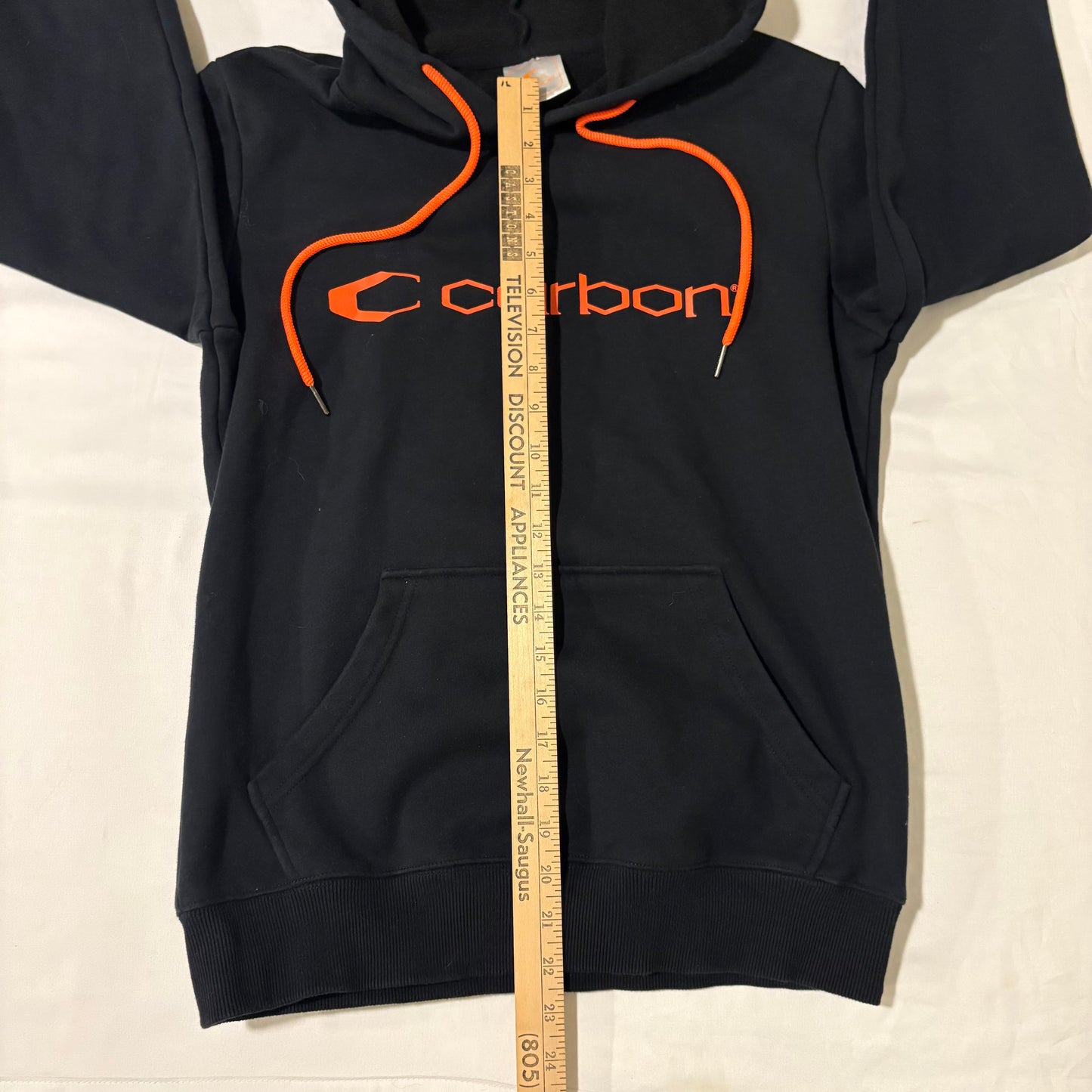 Carbon Hoodie Small Black Pullover Orange Logo Drawstring Kangaroo Pocket