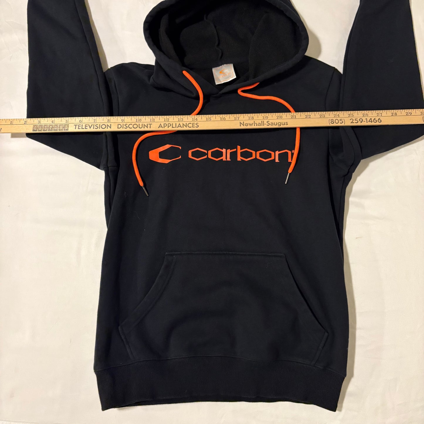 Carbon Hoodie Small Black Pullover Orange Logo Drawstring Kangaroo Pocket