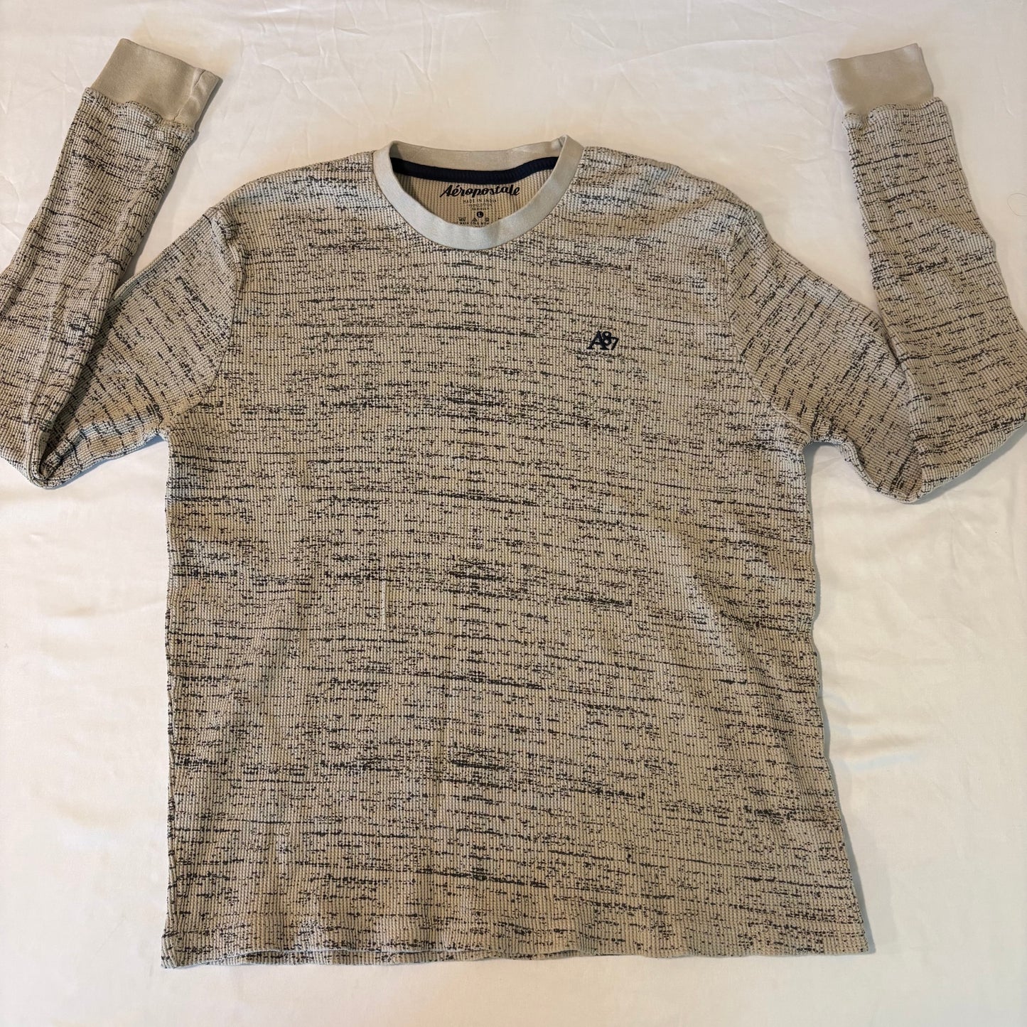 Aeropostale Men’s Thermal Shirt L Long Sleeve Waffle Knit Beige Gray Pattern