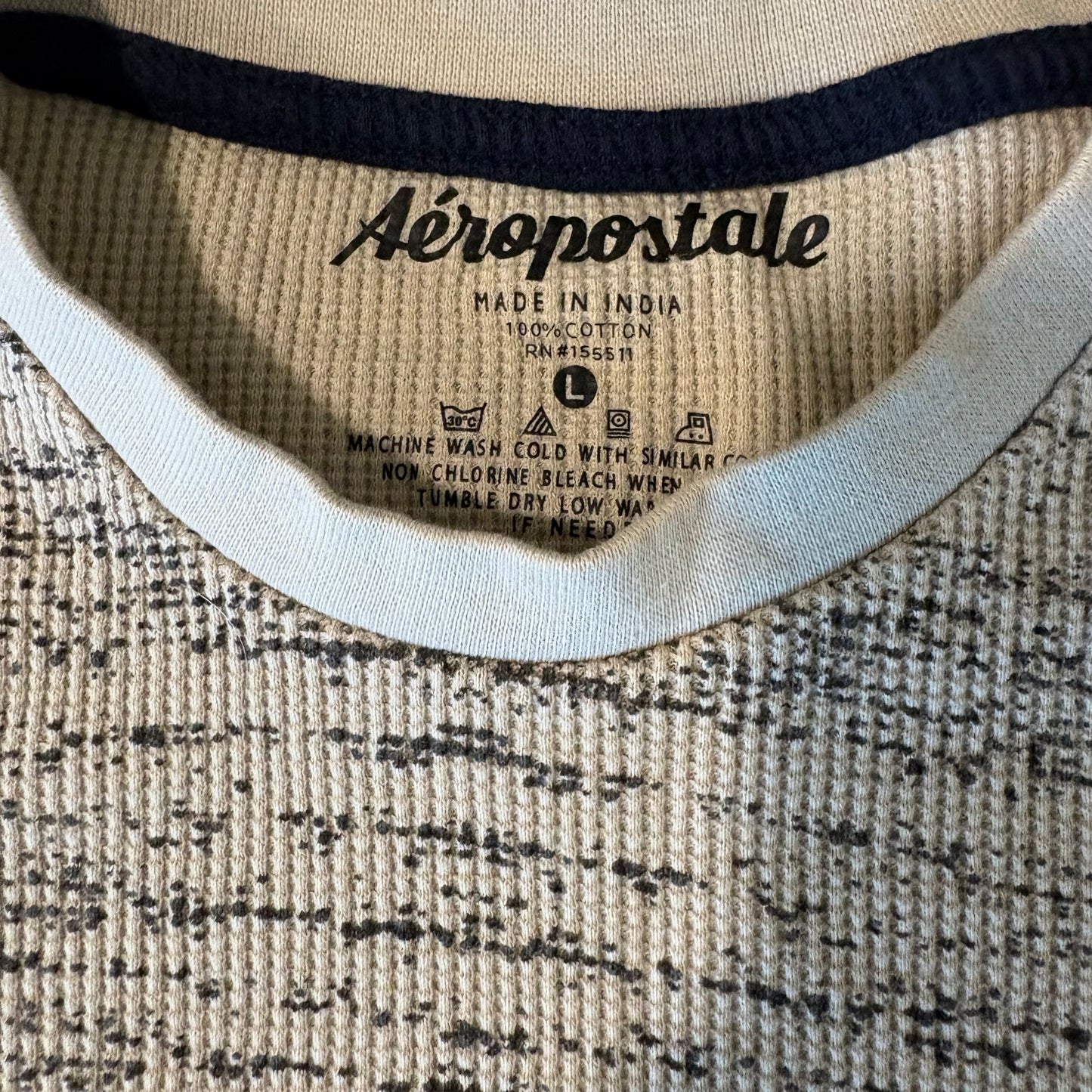 Aeropostale Men’s Thermal Shirt L Long Sleeve Waffle Knit Beige Gray Pattern