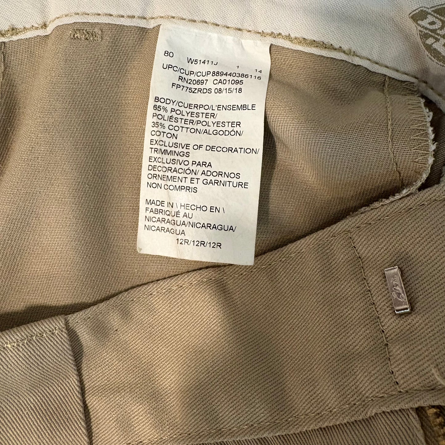 Dickies Khaki Work Pants Men’s Size Unknown Flat Front Classic Fit Stain Resistant