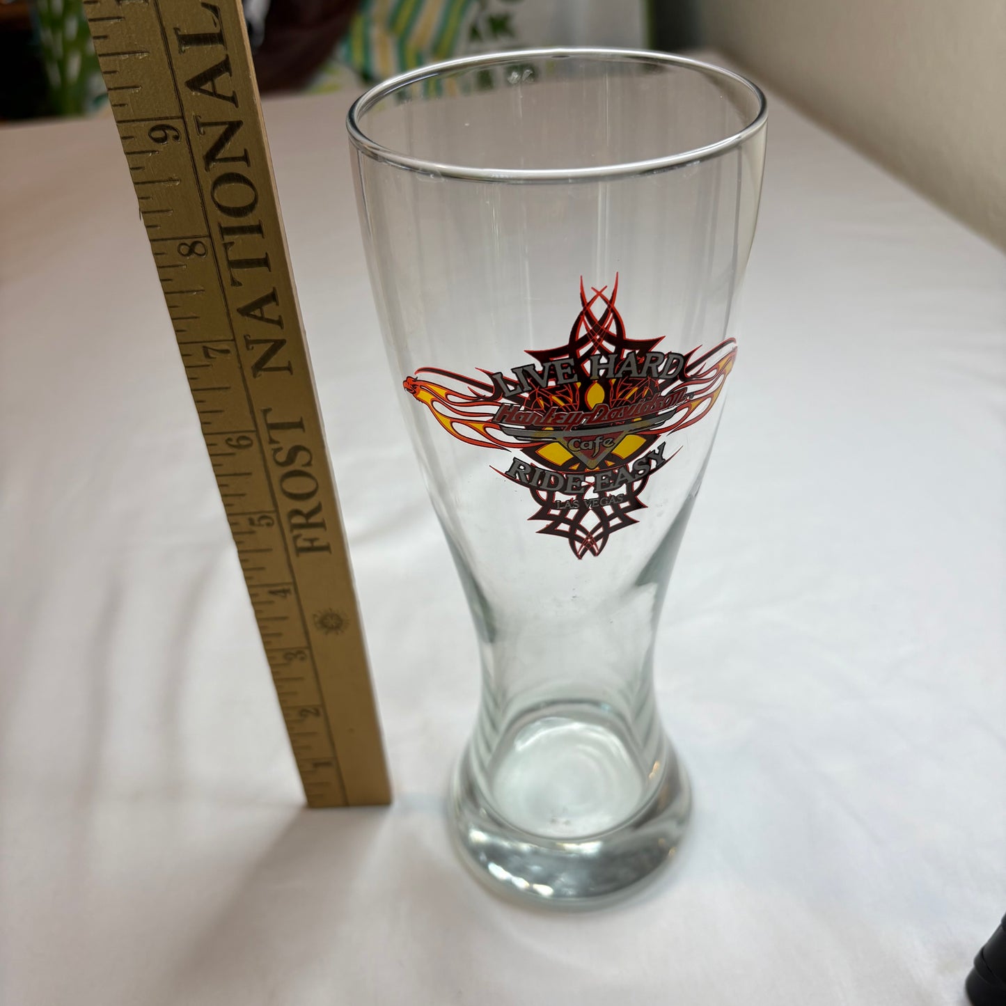 Harley-Davidson Live Hard Ride Easy Cafe Pilsner Glass 9" Flame Logo Barware