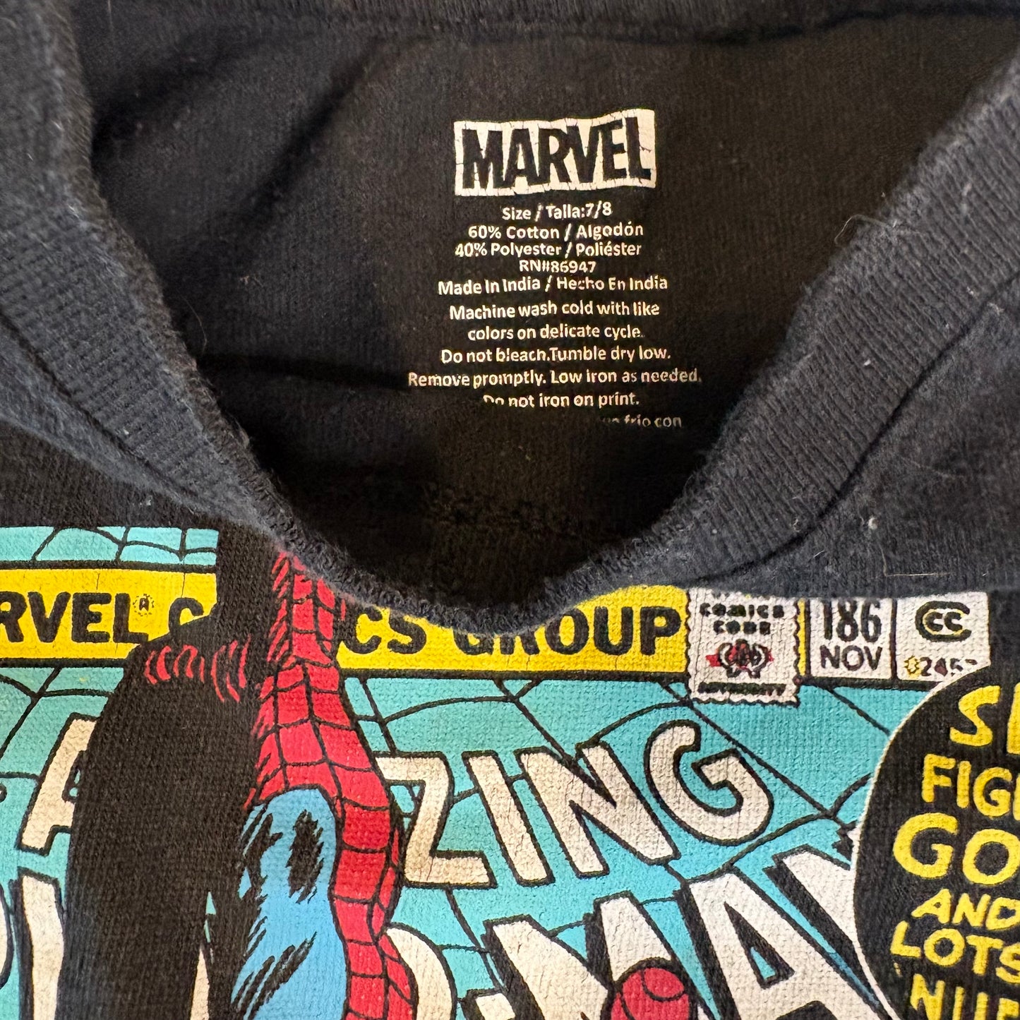 Marvel Spider-Man Kids T-Shirt Black Graphic Comic Print Size 7/8 Short Sleeve