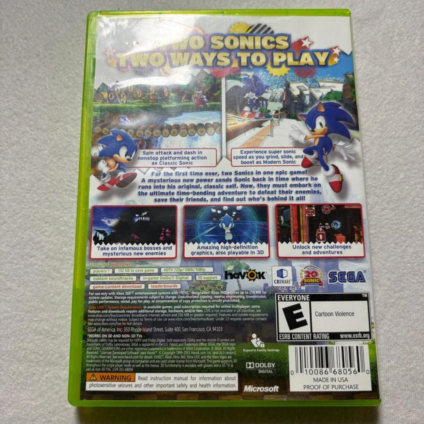 Sonic Generations Xbox 360 Game Sega 2011 Tested