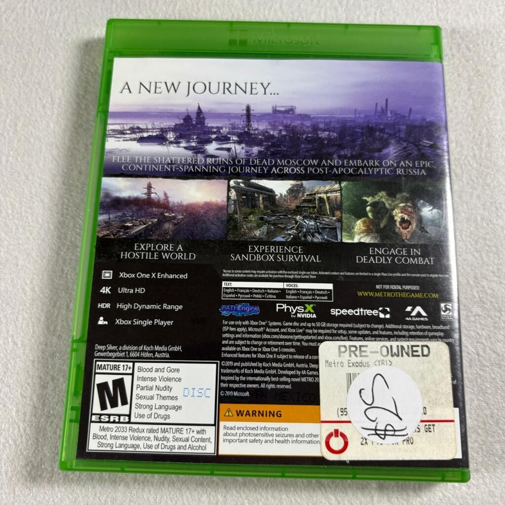 Metro Exodus Xbox One Game Disc and Case Deep Silver 4A Games