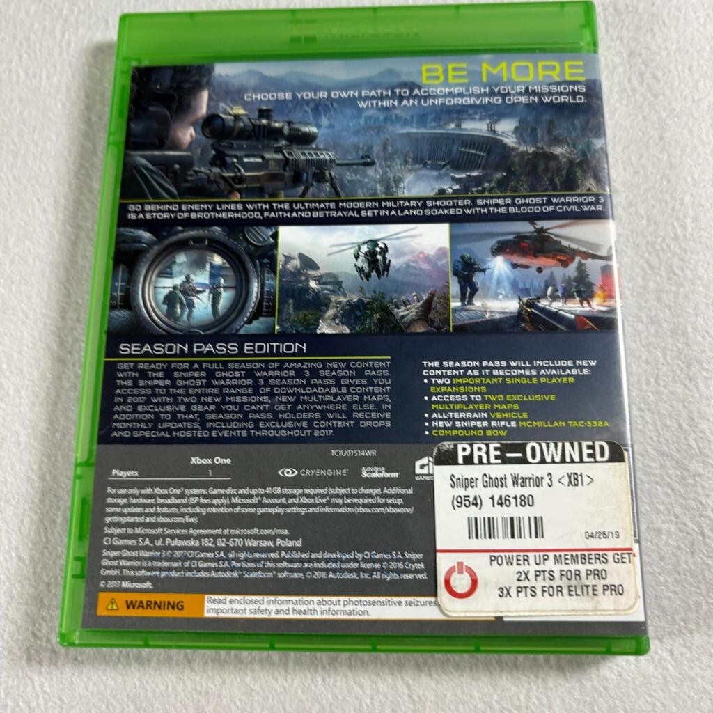 Sniper Ghost Warrior 3 Season Pass Edition Xbox One Game Disc Case Tested