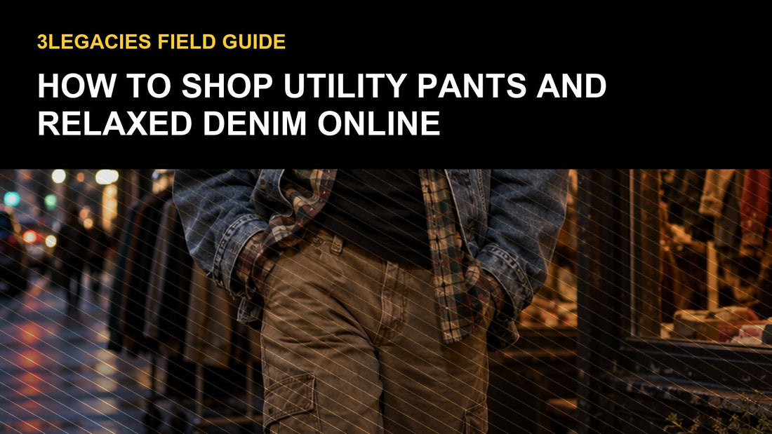 3Legacies guide image for shopping utility pants and relaxed denim online