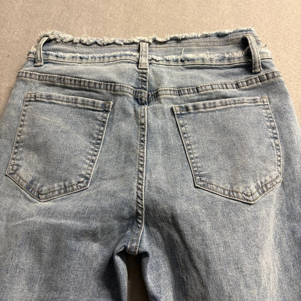 Shein Petite Women's Size M Distressed Flare Jeans Light Wash Raw Hem Fringe