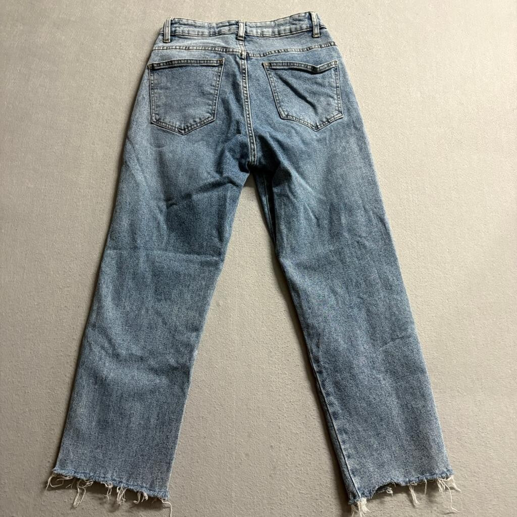 Cotton On Stretch Straight Leg Jeans Womens US 4 Blue Distressed Raw Hem Denim