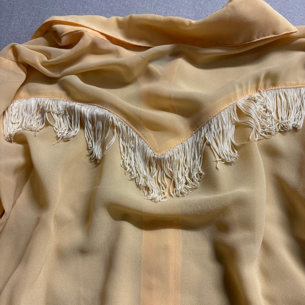Marie France Paris Vintage Yellow Western Fringe Blouse Sheer Long Sleeve Large