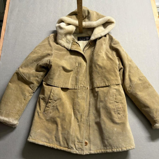 Wilsons Leather Suede Hooded Jacket Womens Medium Tan Faux Fur Lined Coat