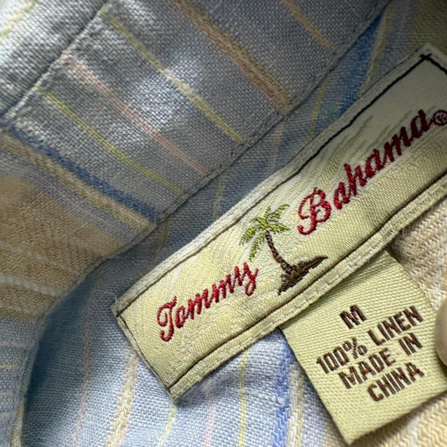Tommy Bahama Shirt Mens Medium Blue Yellow Striped 100% Linen Short Sleeve
