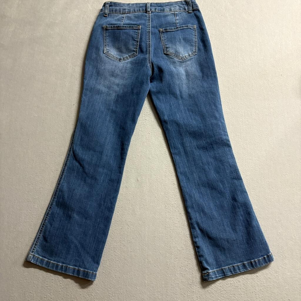 Sandpiper Petite Flare Jeans Womens 6P Blue Denim Stretch Patch Pocket Mid Rise