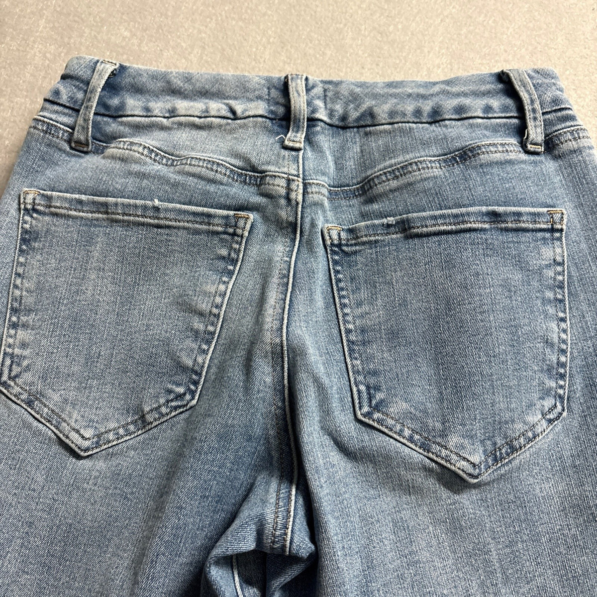 Express 70s Flare Jeans Womens Size S Reg Blue Denim Raw Hem Seam Front Mid Rise