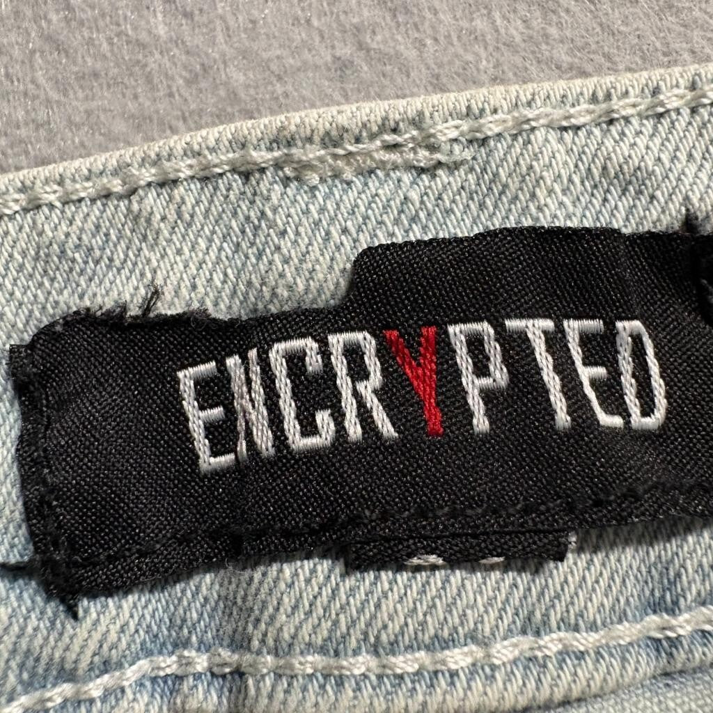 Encrypted Distressed Jeans Mens 34 Light Wash Ripped Graphic Patch Denim