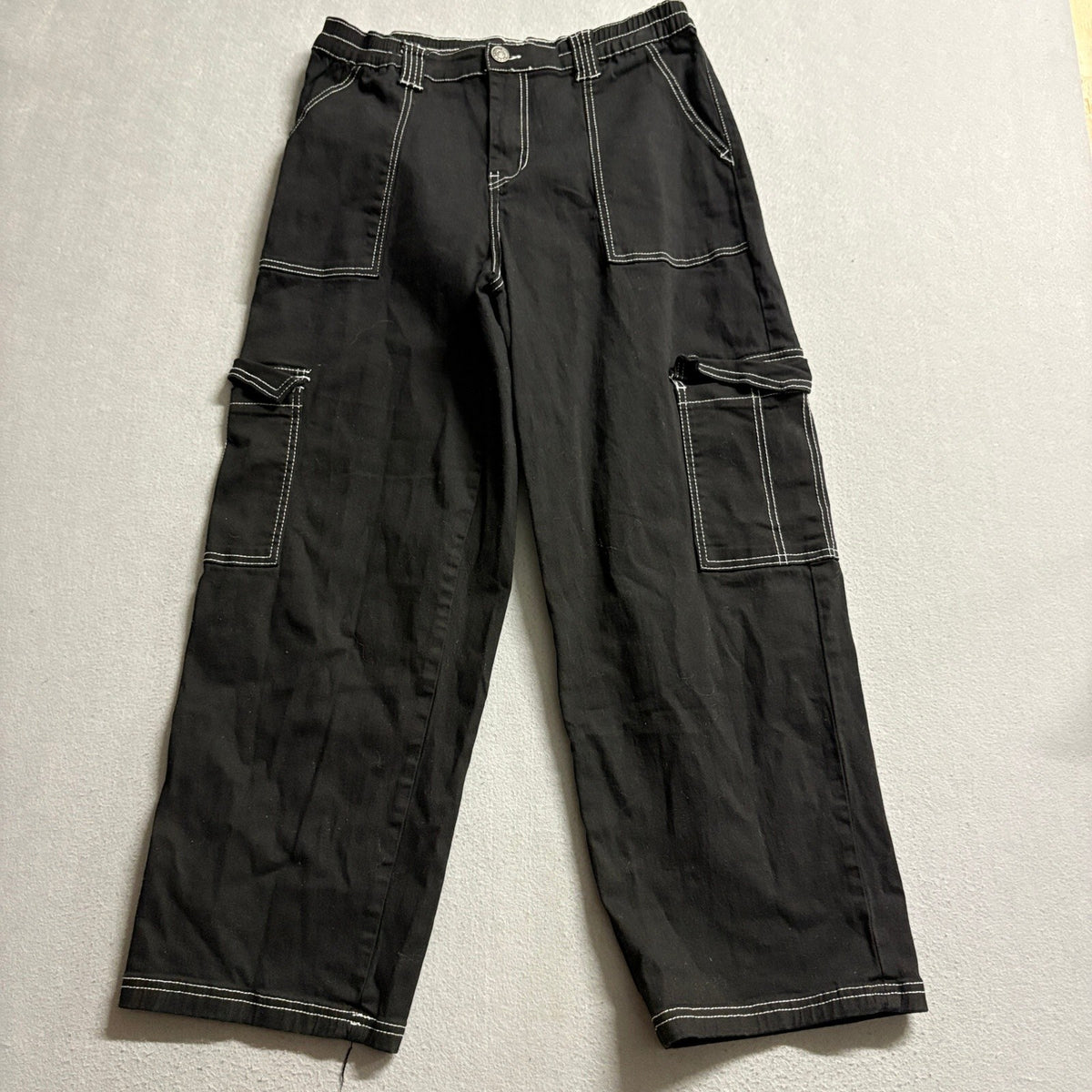 Almost Famous Women XL Black Contrast Stitch Cargo Pants Elastic Waist Stretch