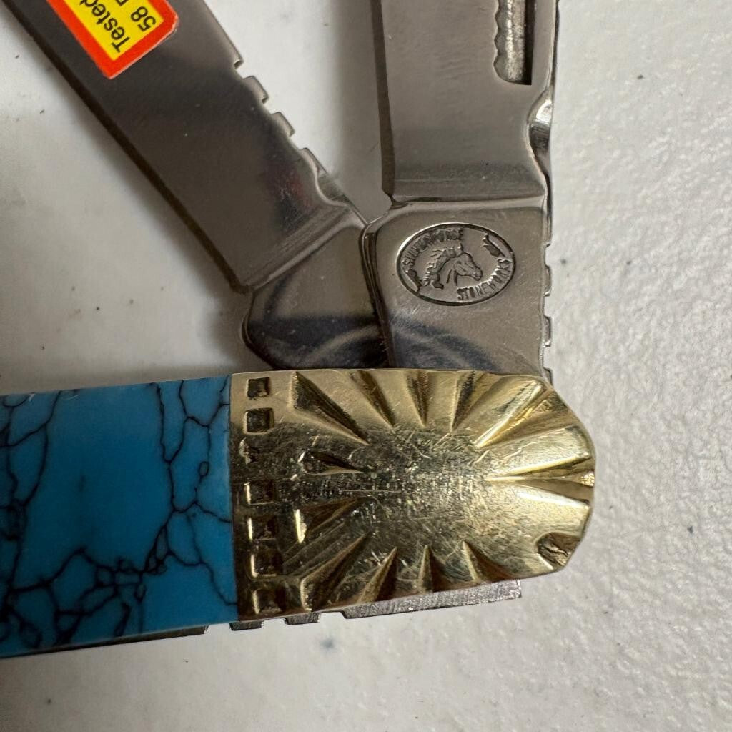 Silverhorse Stoneworks 3 Blade Pocket Knife Turquoise Abalone Pearl Horse Head