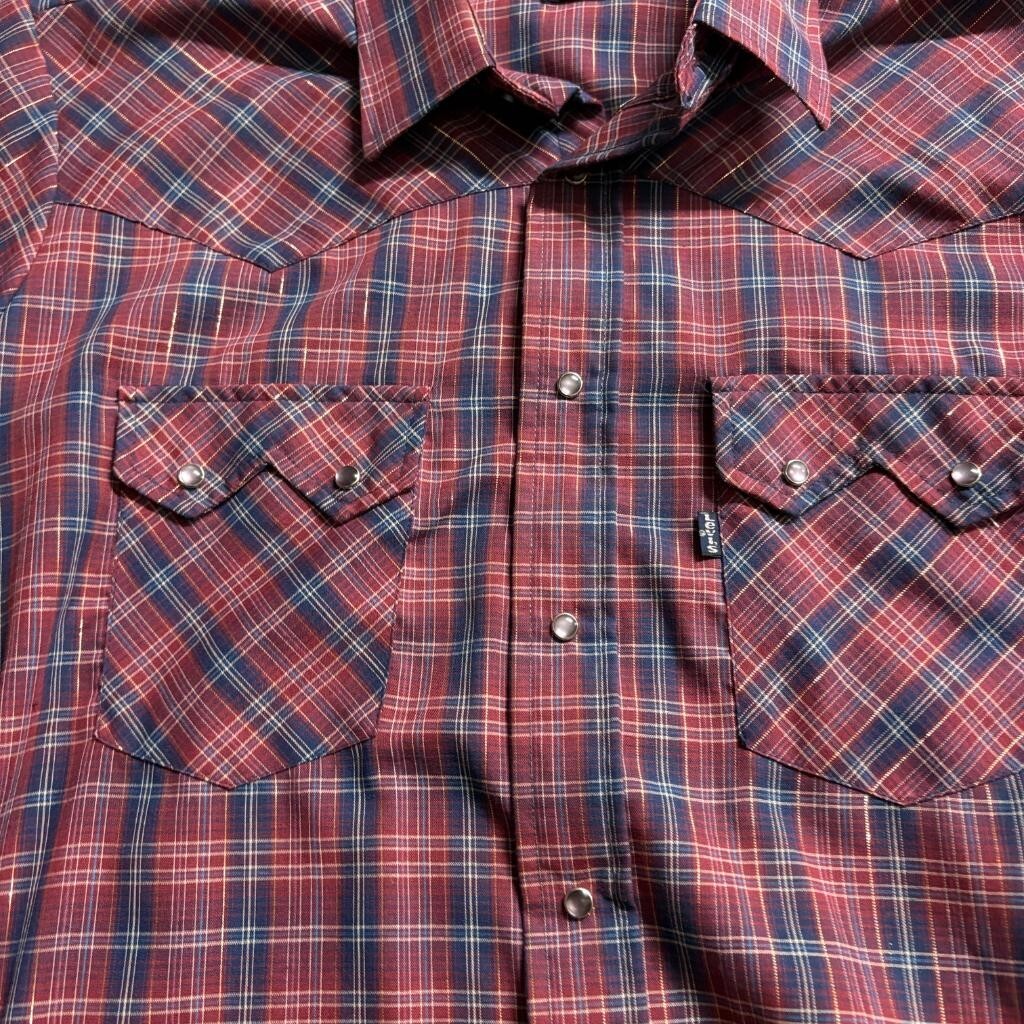 Vintage Levis Western Pearl Snap Shirt Mens XL Red Blue Plaid Tapered USA Made