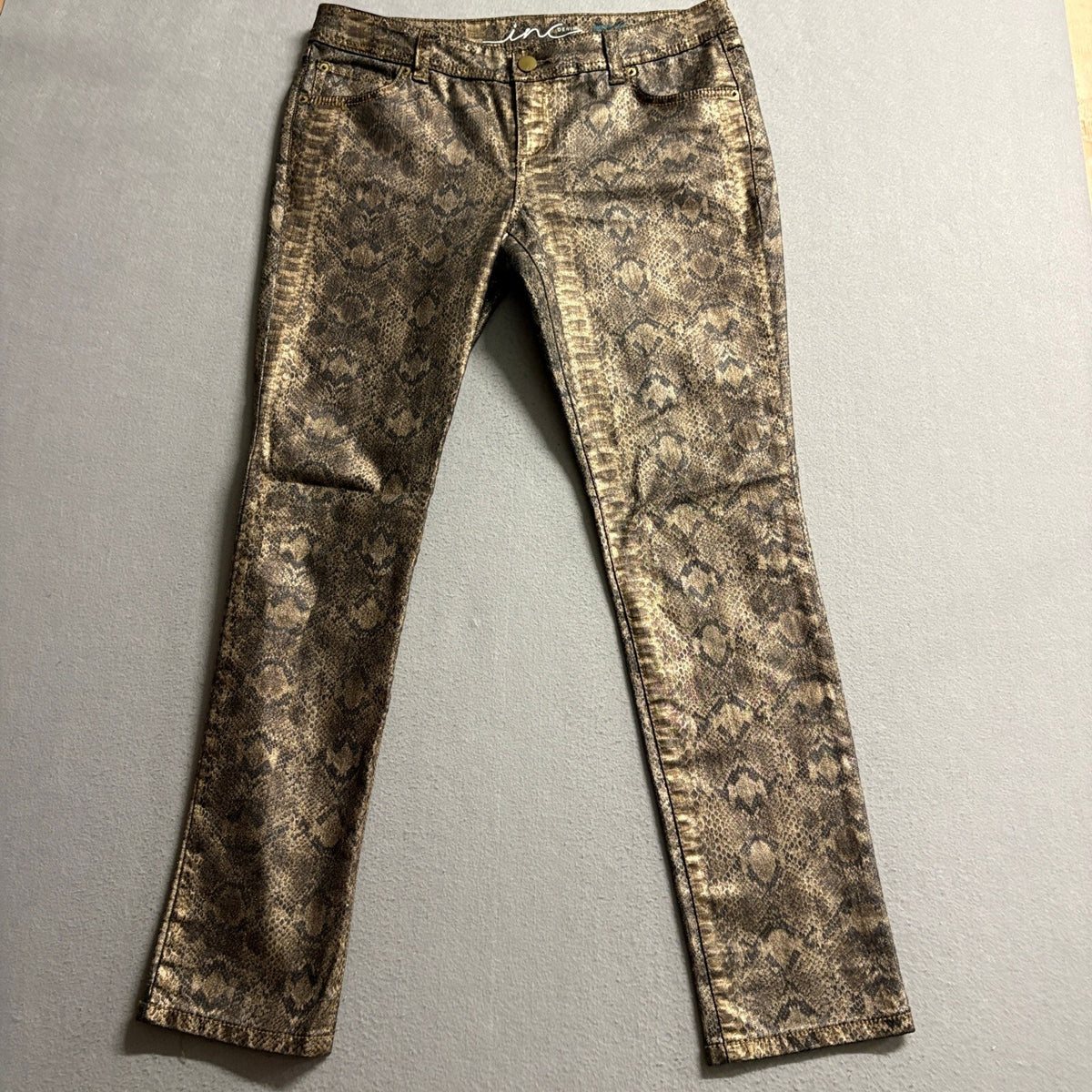 INC International Concepts Metallic Gold Snakeskin Skinny Jeans Womens 12