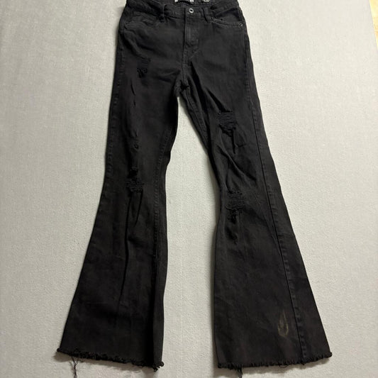 Girl-ish High Rise Flare Jeans Womens Size 9/29 Black Distressed Raw Hem Stretch
