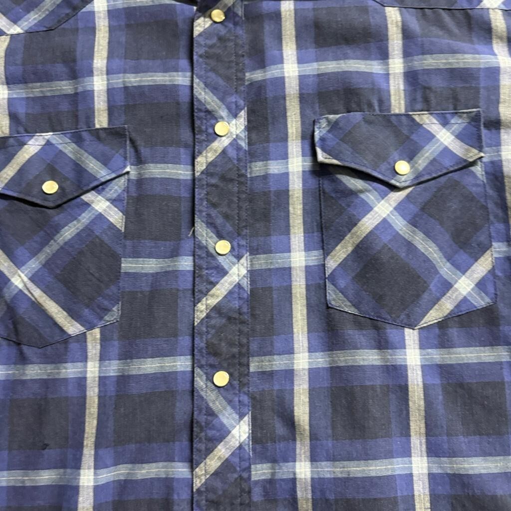 Wrangler Western Shirt Mens Large Blue Plaid Short Sleeve Pearl Snap X-Long