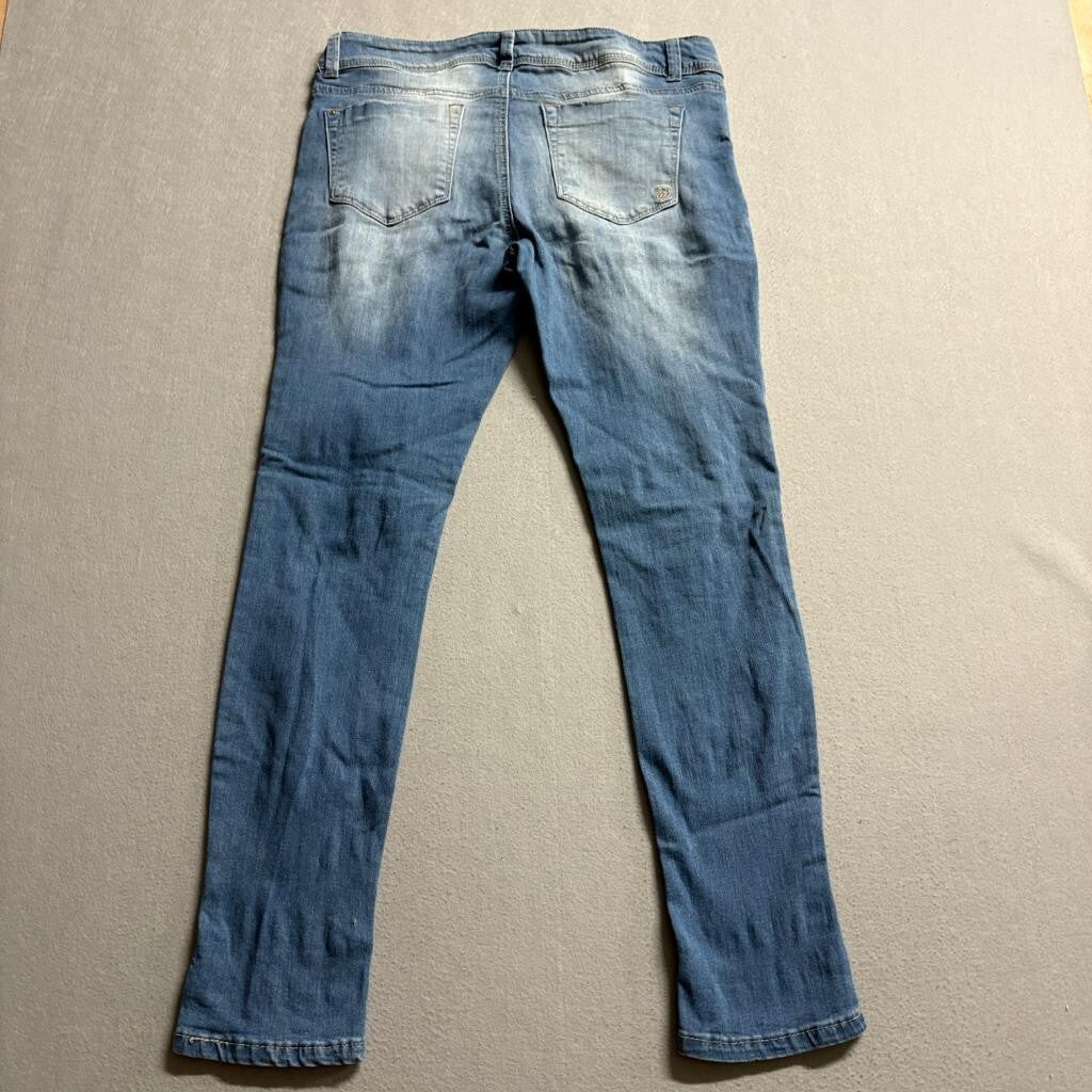Indigo Rein Ankle Jeans Womens Size 11 Blue Distressed Novelty Patches Stretch