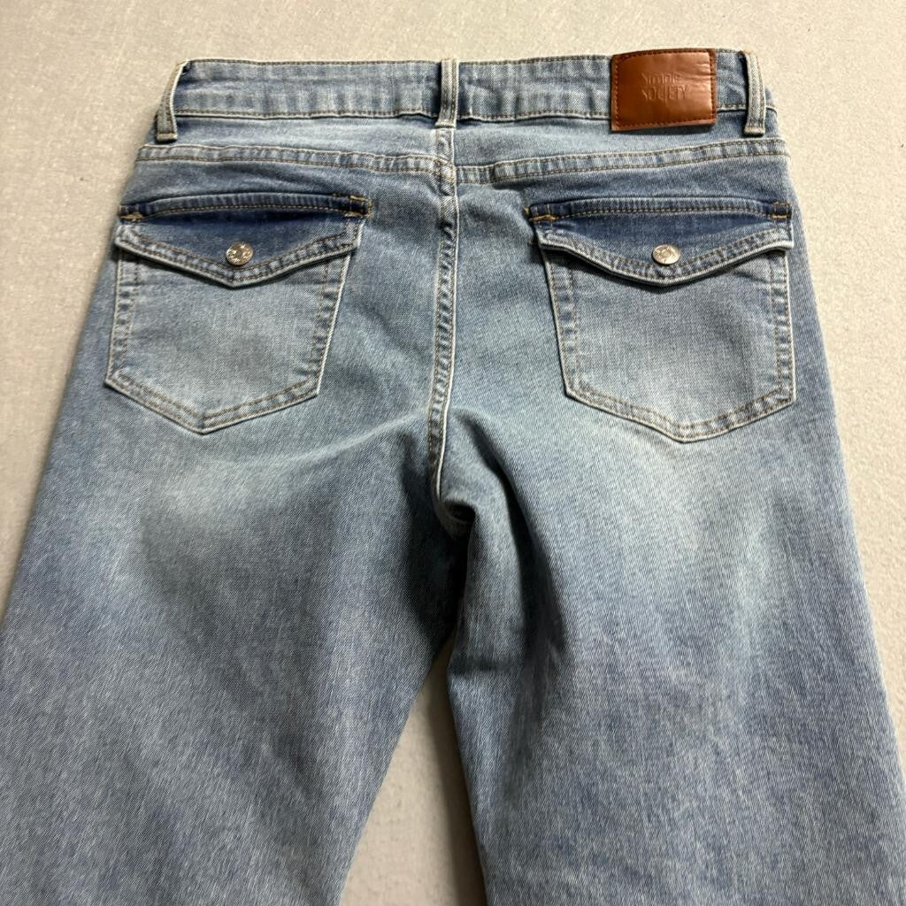 Simple Society Flare Jeans Womens Size 5 27 Blue Denim Flap Pocket Stretch