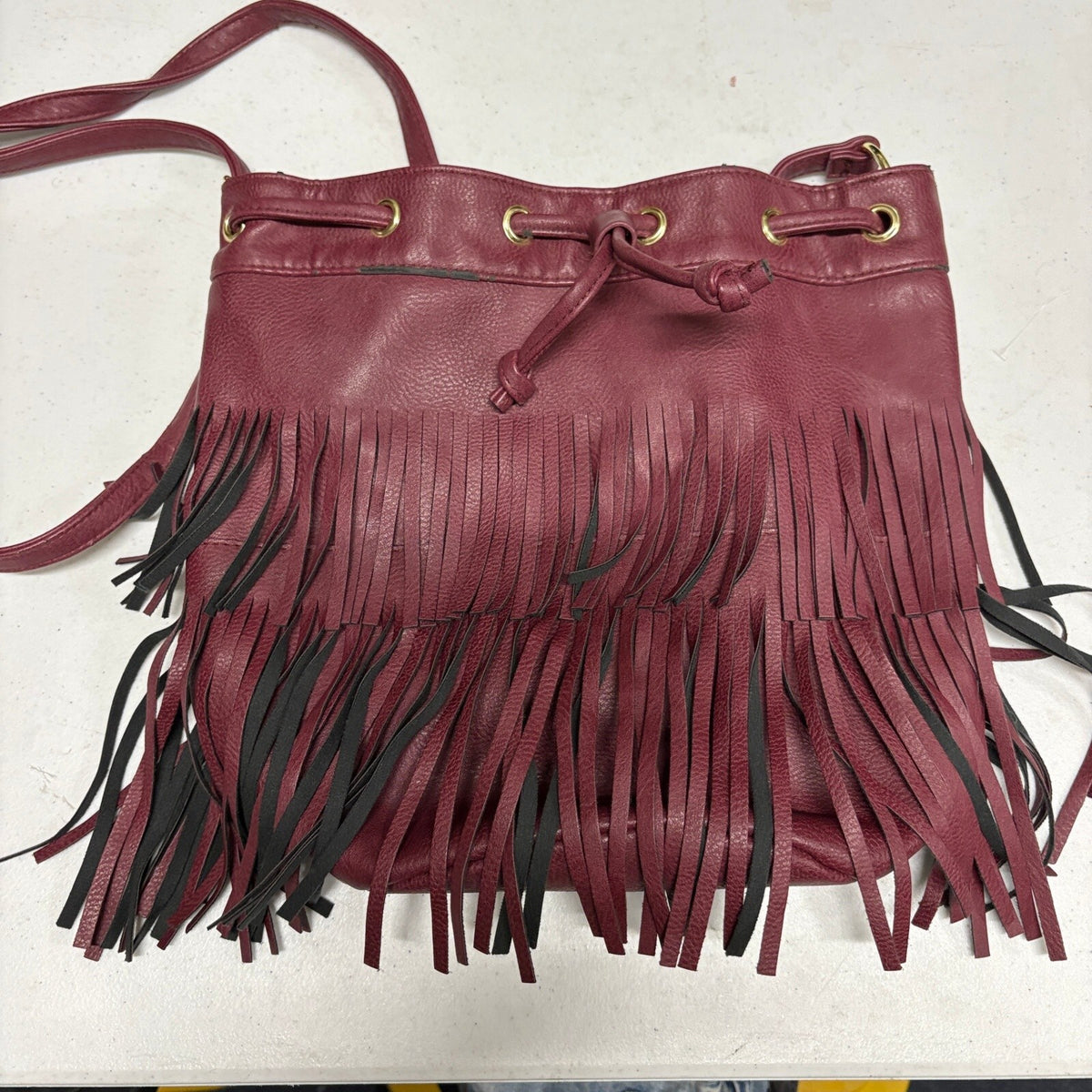 Burgundy Faux Leather Fringe Bucket Bag Women Boho Drawstring Crossbody Purse