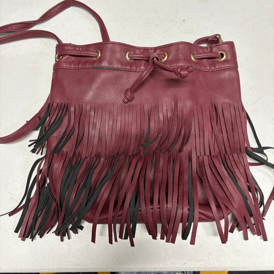 Burgundy Faux Leather Fringe Bucket Bag Women Boho Drawstring Crossbody Purse