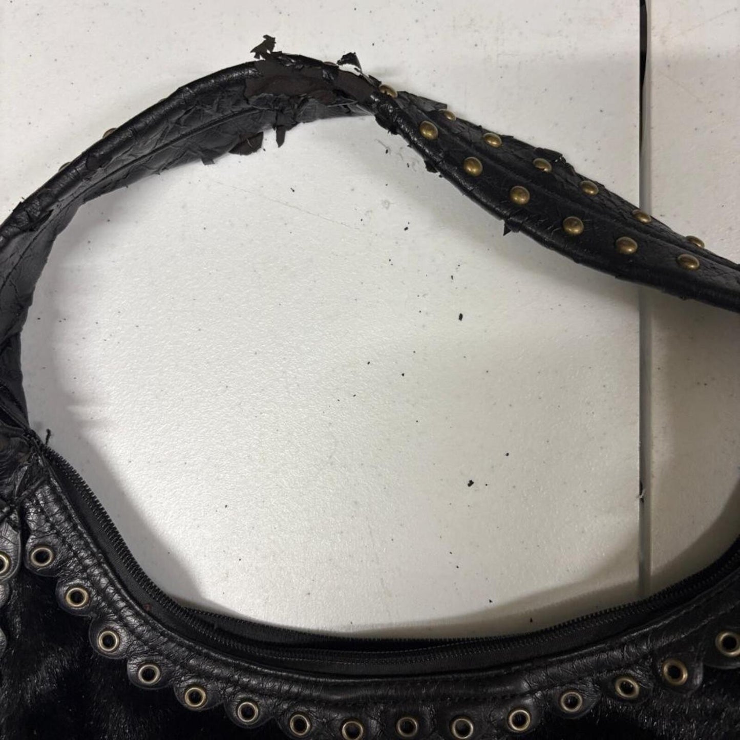 Vintage Black Faux Leather Hobo Bag Studded Grommet Lace Up Fringe Punk Goth
