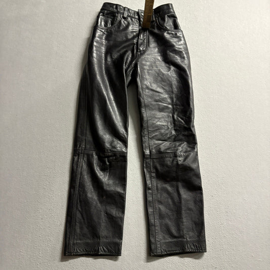 Vintage Black Genuine Leather Pants Womens 3/4 High Rise Straight Leg 90s