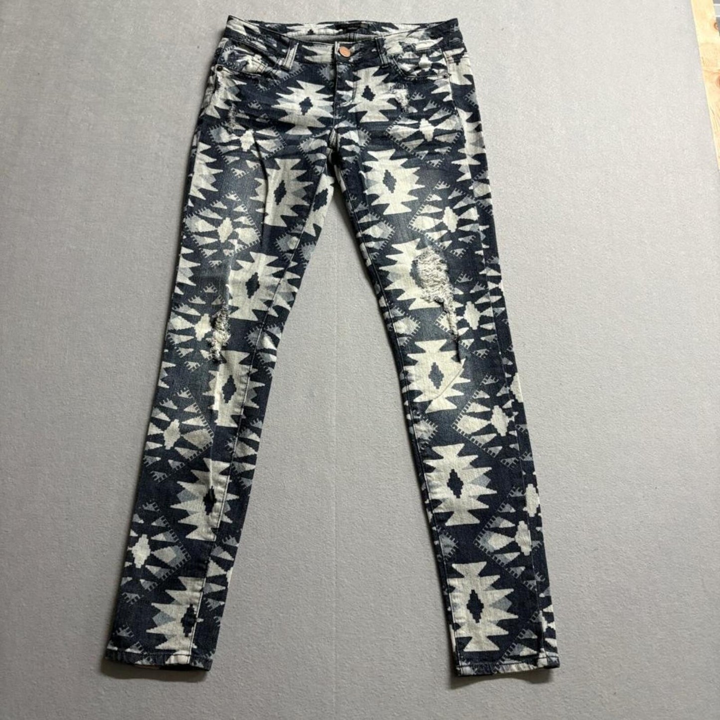 Fire Los Angeles Aztec Print Skinny Jeans Womens Size 3 Distressed Blue Denim