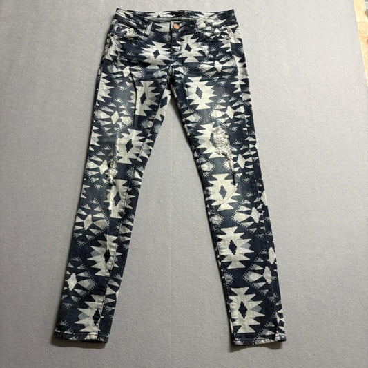 Fire Los Angeles Aztec Print Skinny Jeans Womens Size 3 Distressed Blue Denim