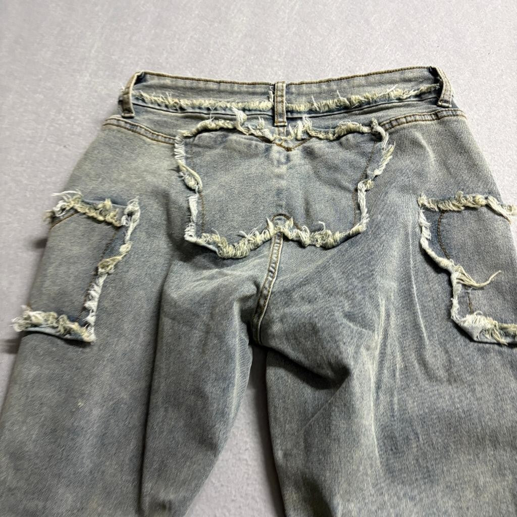 Shein Tall S Womens Blue Distressed Raw Hem Heart Star Patch Flare Jeans